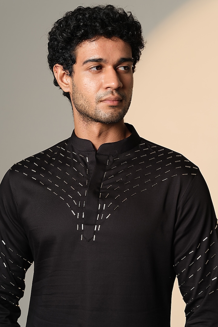 Black Stretchable Cotton Hand Embroidered Kurta by SANJANA REDDY MEN at Pernia's Pop Up Shop
