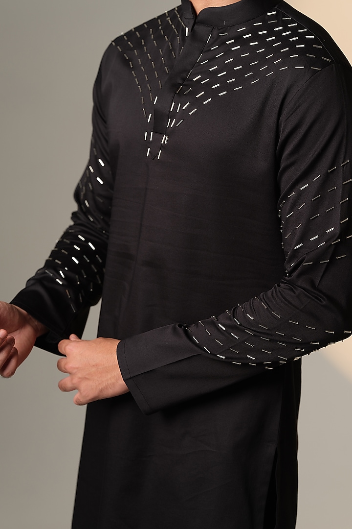 Black Stretchable Cotton Hand Embroidered Kurta by SANJANA REDDY MEN at Pernia's Pop Up Shop