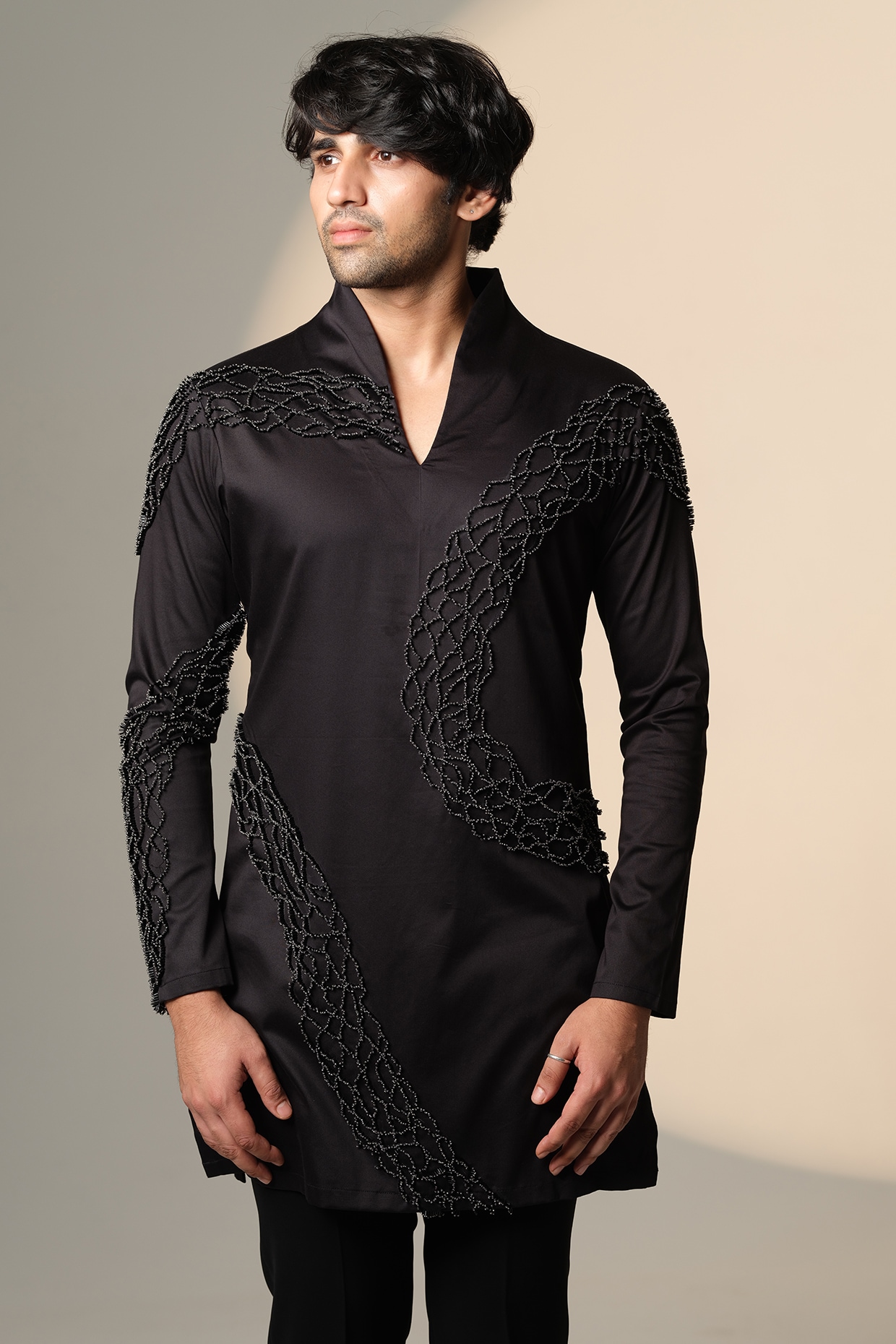 SANJANA REDDY Black Stretchable Cotton Hand Embroidered Kurta