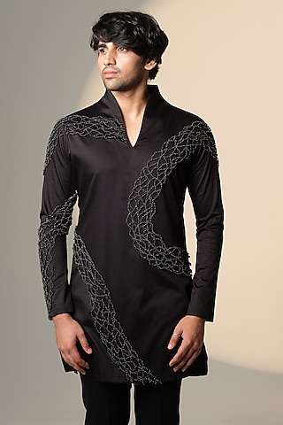 Black Stretchable Cotton Hand Embroidered Kurta by SANJANA REDDY MEN