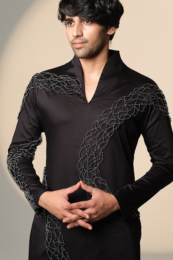 Black Stretchable Cotton Hand Embroidered Kurta by SANJANA REDDY MEN at Pernia's Pop Up Shop
