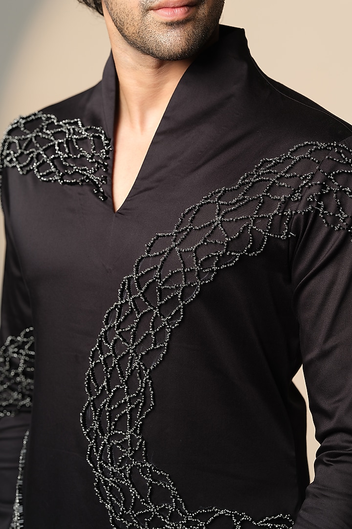 Black Stretchable Cotton Hand Embroidered Kurta by SANJANA REDDY MEN at Pernia's Pop Up Shop