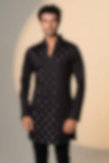 Black Stretchable Cotton Hand Embroidered Kurta by SANJANA REDDY MEN at Pernia's Pop Up Shop