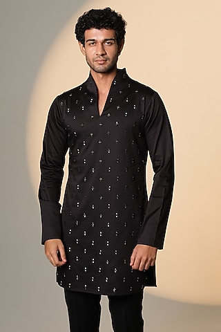Black Stretchable Cotton Hand Embroidered Kurta by SANJANA REDDY MEN