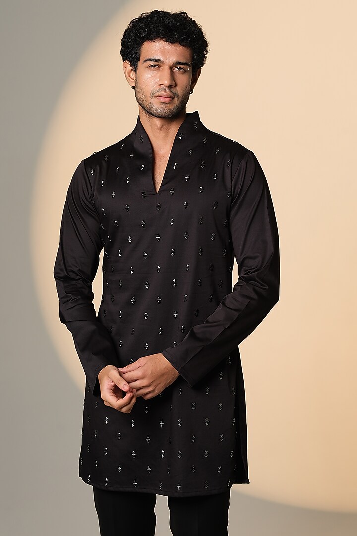 Black Stretchable Cotton Hand Embroidered Kurta by SANJANA REDDY MEN at Pernia's Pop Up Shop