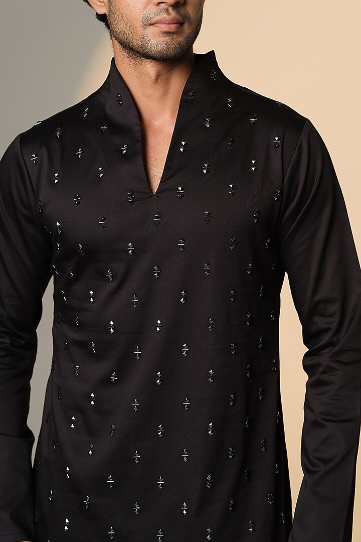 Black Stretchable Cotton Hand Embroidered Kurta by SANJANA REDDY MEN at Pernia's Pop Up Shop