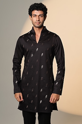 Black Stretchable Cotton Hand Embroidered Kurta by SANJANA REDDY MEN
