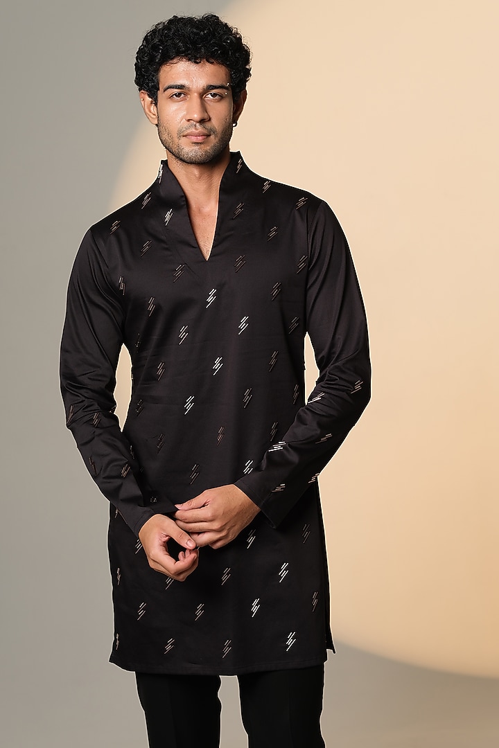 Black Stretchable Cotton Hand Embroidered Kurta by SANJANA REDDY MEN at Pernia's Pop Up Shop