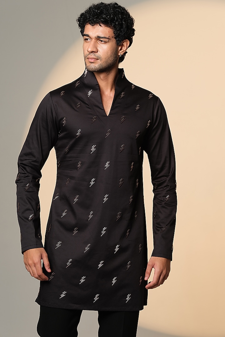 Black Stretchable Cotton Hand Embroidered Kurta by SANJANA REDDY MEN at Pernia's Pop Up Shop
