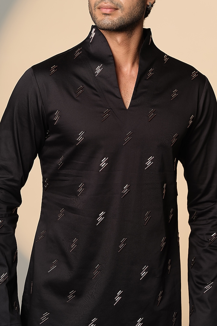 Black Stretchable Cotton Hand Embroidered Kurta by SANJANA REDDY MEN at Pernia's Pop Up Shop