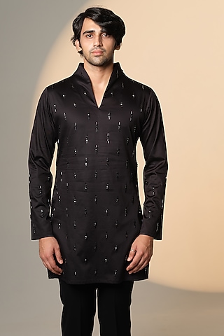 Black Stretchable Cotton Hand Embroidered Kurta by SANJANA REDDY MEN