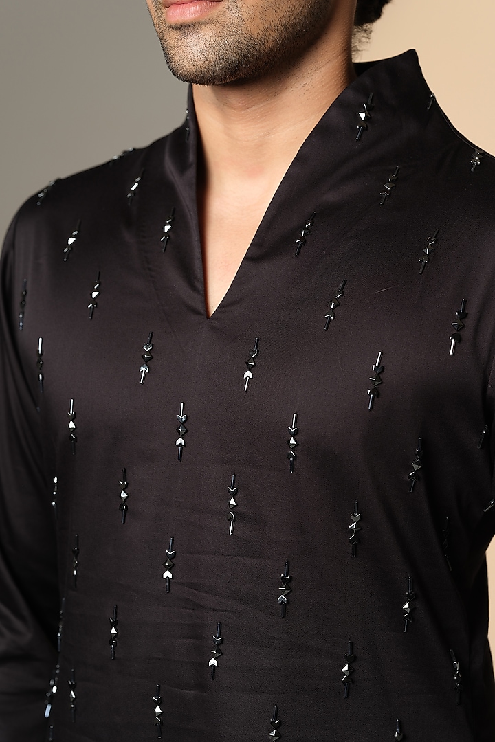 Black Stretchable Cotton Hand Embroidered Kurta by SANJANA REDDY MEN at Pernia's Pop Up Shop