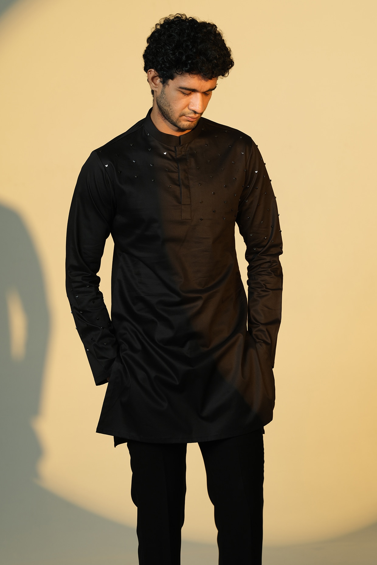 SANJANA REDDY Black Stretchable Cotton Hand Embroidered Kurta