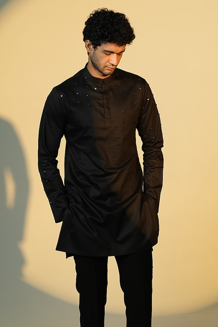 Black Stretchable Cotton Hand Embroidered Kurta by SANJANA REDDY MEN at Pernia's Pop Up Shop