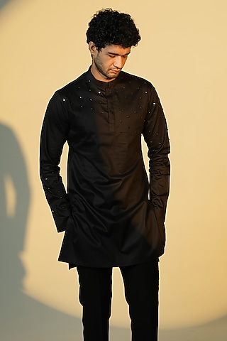 Black Stretchable Cotton Hand Embroidered Kurta by SANJANA REDDY MEN