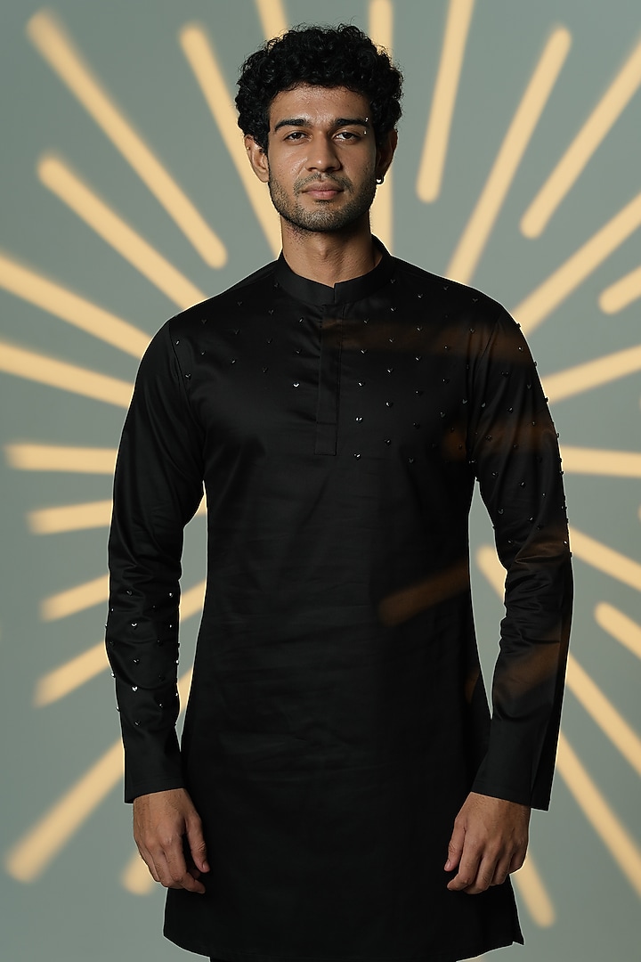 Black Stretchable Cotton Hand Embroidered Kurta by SANJANA REDDY MEN at Pernia's Pop Up Shop