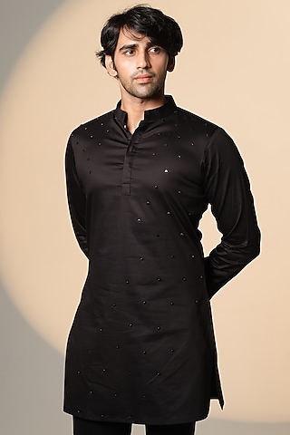 Black Stretchable Cotton Hand Embroidered Kurta by SANJANA REDDY MEN
