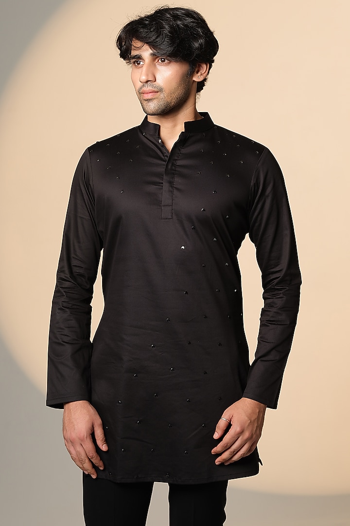 Black Stretchable Cotton Hand Embroidered Kurta by SANJANA REDDY MEN at Pernia's Pop Up Shop