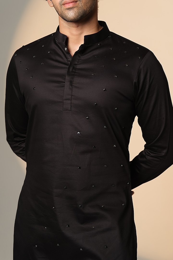Black Stretchable Cotton Hand Embroidered Kurta by SANJANA REDDY MEN at Pernia's Pop Up Shop