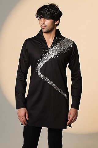 Black Stretchable Cotton Hand Embroidered Kurta by SANJANA REDDY MEN
