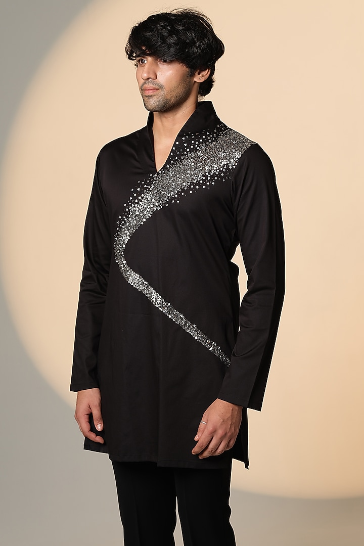 Black Stretchable Cotton Hand Embroidered Kurta by SANJANA REDDY MEN at Pernia's Pop Up Shop