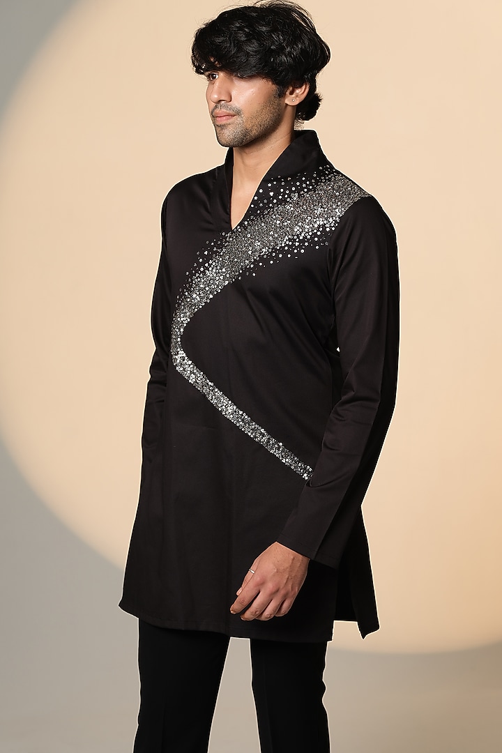 Black Stretchable Cotton Hand Embroidered Kurta by SANJANA REDDY MEN at Pernia's Pop Up Shop