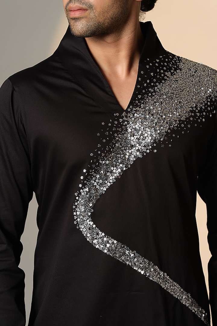 Black Stretchable Cotton Hand Embroidered Kurta by SANJANA REDDY MEN at Pernia's Pop Up Shop