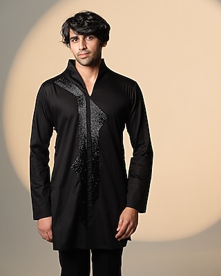 Black Stretchable Cotton Hand Embroidered Kurta by SANJANA REDDY MEN