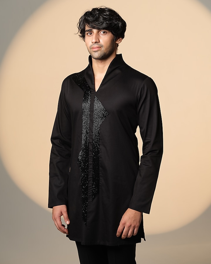 Black Stretchable Cotton Hand Embroidered Kurta by SANJANA REDDY MEN at Pernia's Pop Up Shop