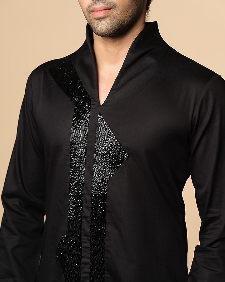 Black Stretchable Cotton Hand Embroidered Kurta by SANJANA REDDY MEN at Pernia's Pop Up Shop
