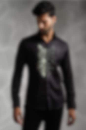 Black Cotton Embroidered Shirt by SANJANA REDDY MEN
