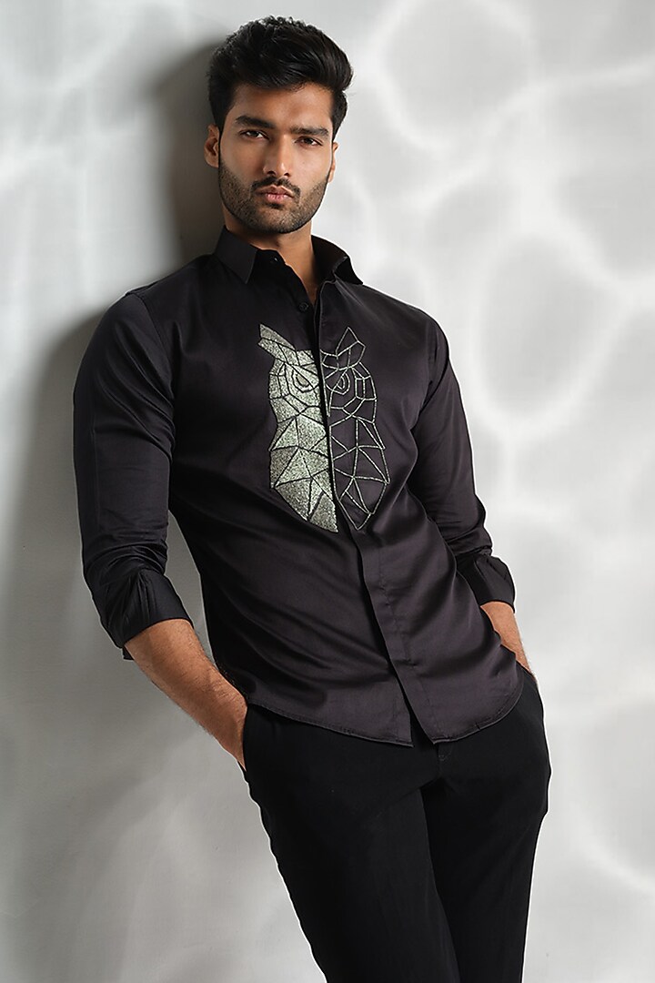 Black Cotton Embroidered Party Wear Shirt by SANJANA REDDY MEN at Pernia's Pop Up Shop