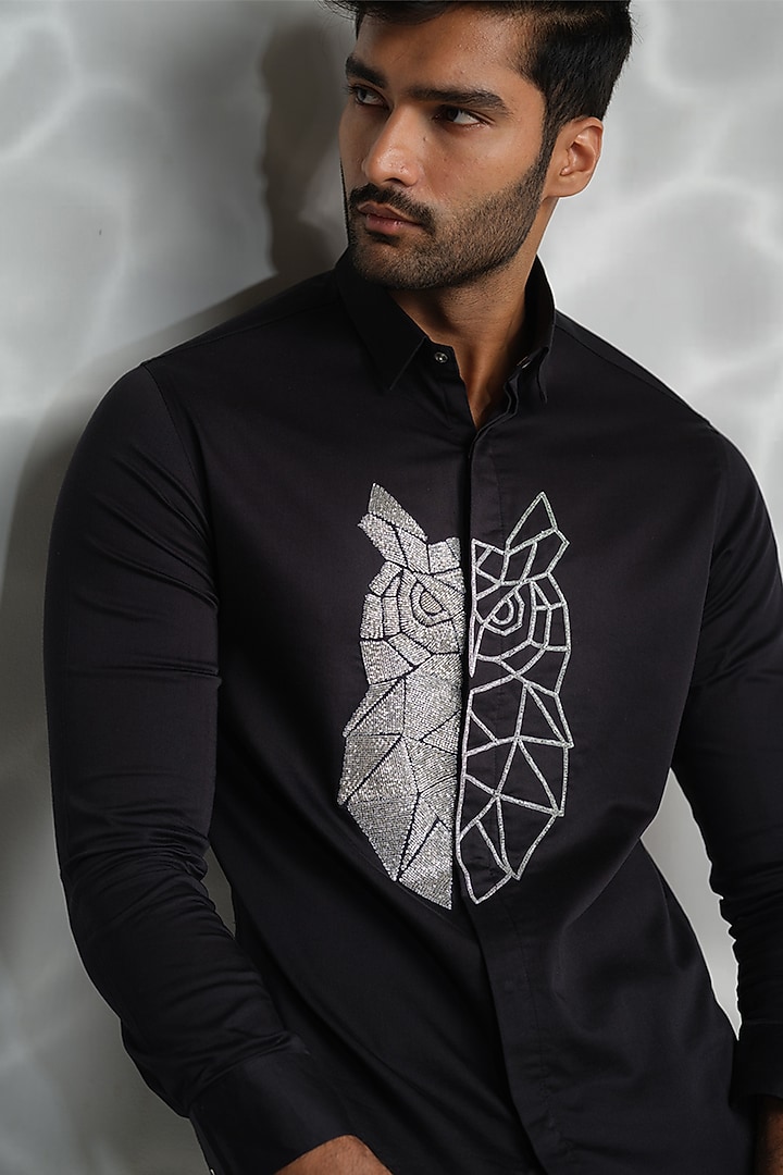 Black Cotton Hand Embroidered Party Wear Shirt by SANJANA REDDY MEN at Pernia's Pop Up Shop