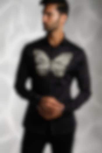 Black Cotton Hand Embroidered Shirt by SANJANA REDDY MEN