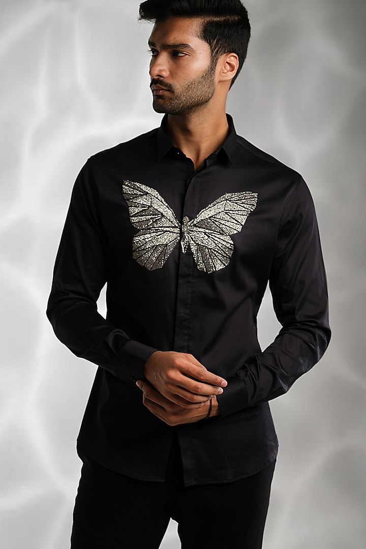 Black Cotton Hand Embroidered Shirt by SANJANA REDDY MEN