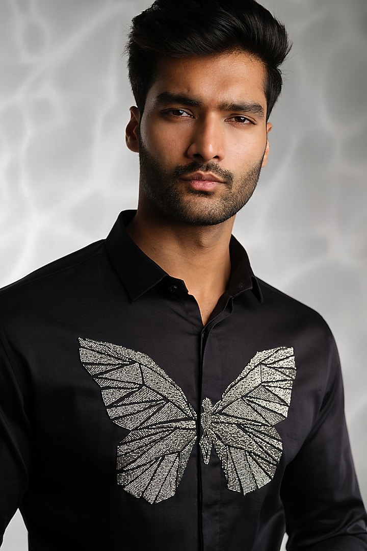 Black Cotton Hand Embroidered Party Wear Shirt by SANJANA REDDY MEN at Pernia's Pop Up Shop