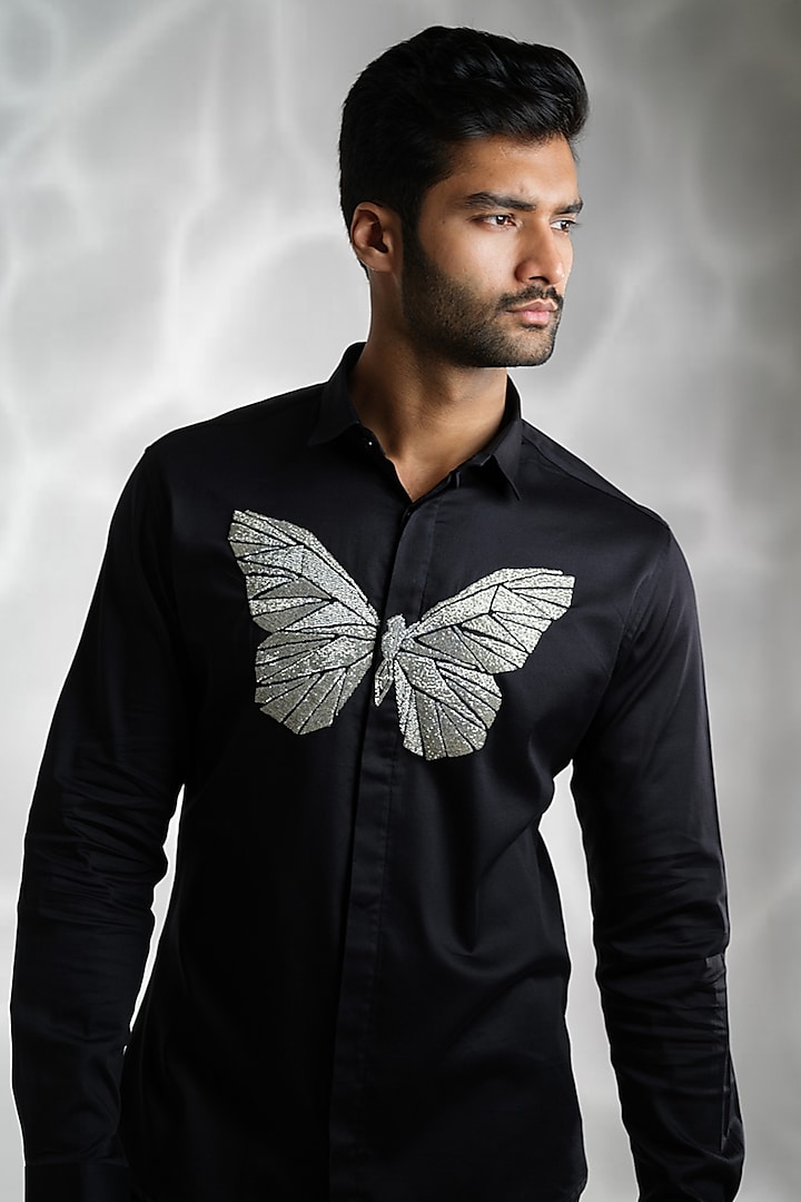 Black Cotton Hand Embroidered Party Wear Shirt by SANJANA REDDY MEN at Pernia's Pop Up Shop