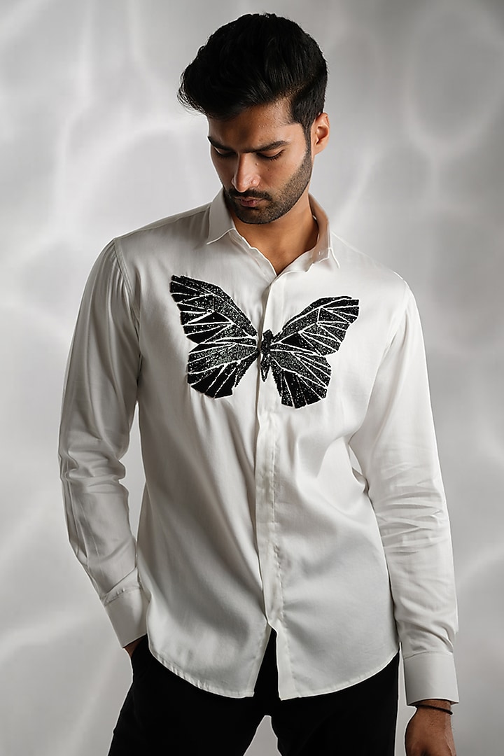 White Cotton Hand Embroidered Shirt by SANJANA REDDY MEN