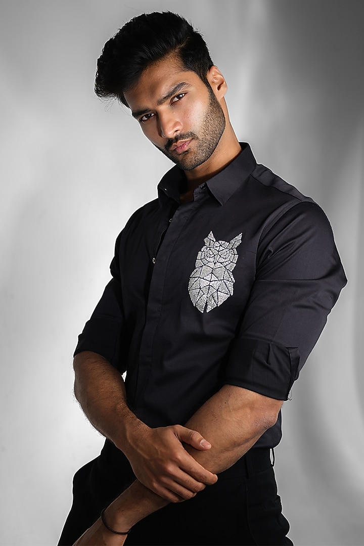 Black Cotton Hand Embroidered Party Wear Shirt by SANJANA REDDY MEN at Pernia's Pop Up Shop