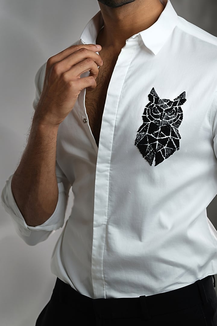 White Cotton Embroidered Party Wear Shirt by SANJANA REDDY MEN at Pernia's Pop Up Shop