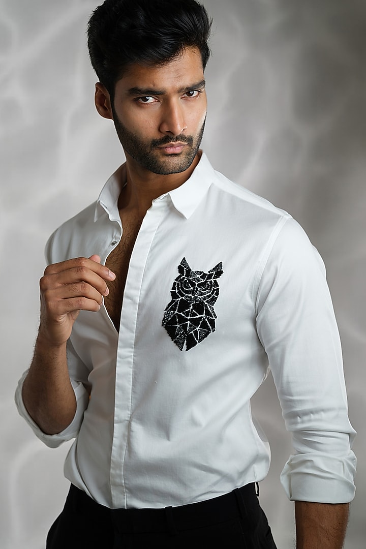 White Cotton Embroidered Party Wear Shirt by SANJANA REDDY MEN at Pernia's Pop Up Shop