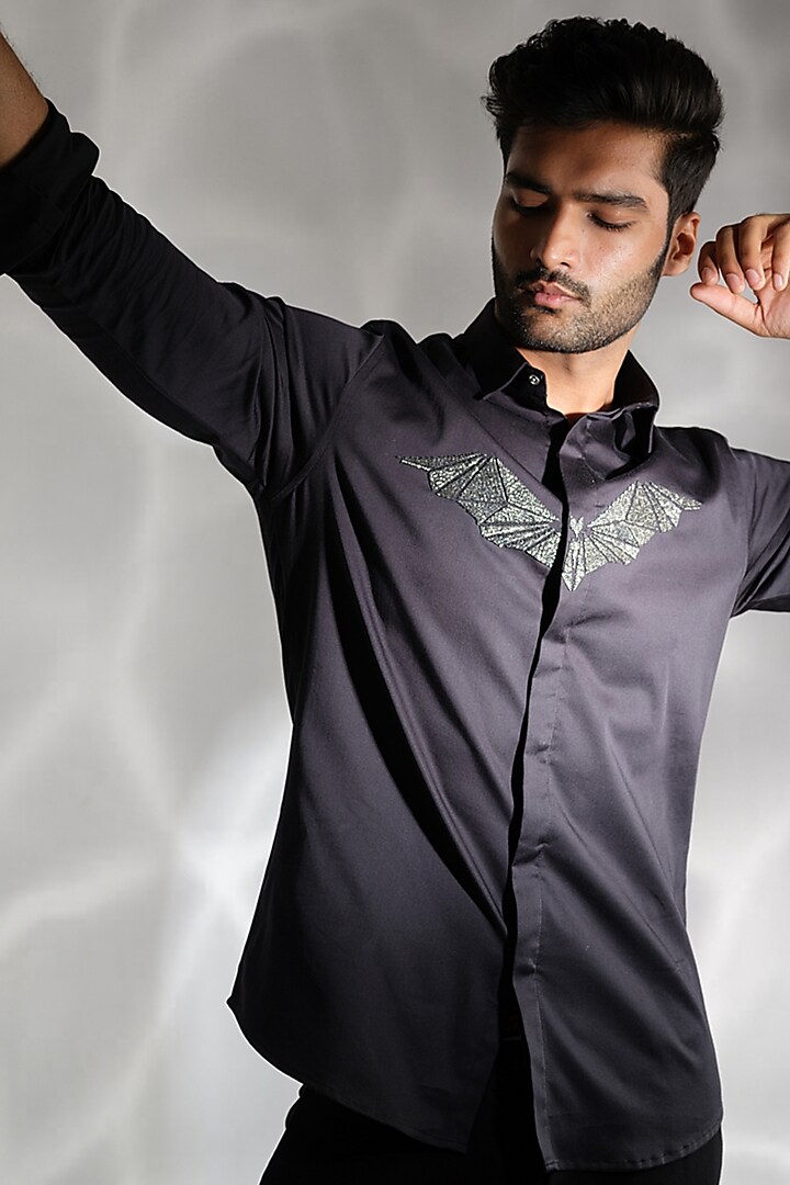 Black Hand Embroidered Shirt Design by DiyaRajvvir Men at Pernia's