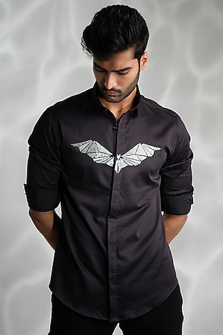 Black Cotton Hand Embroidered Shirt by SANJANA REDDY MEN