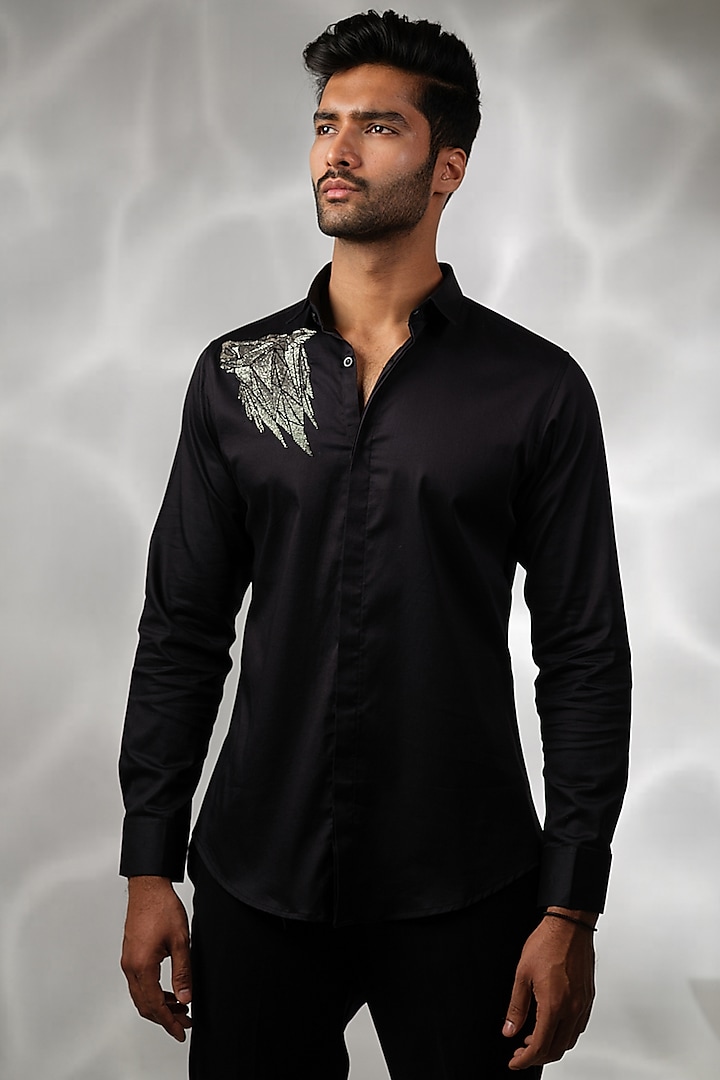 Black Cotton Embroidered Shirt by SANJANA REDDY MEN