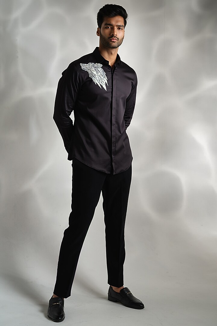 Black Cotton Hand Embroidered Party Wear Shirt by SANJANA REDDY MEN at Pernia's Pop Up Shop