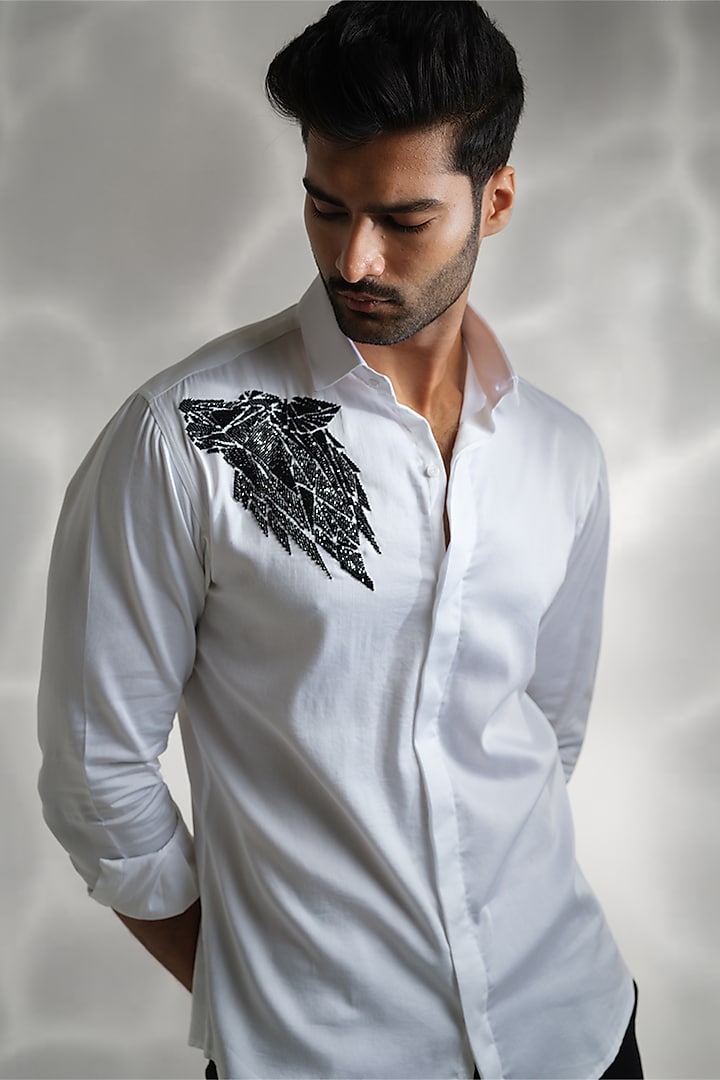 White Cotton Embroidered Shirt by SANJANA REDDY MEN