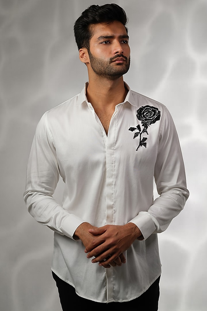 White Cotton Hand Embroidered Shirt by SANJANA REDDY MEN