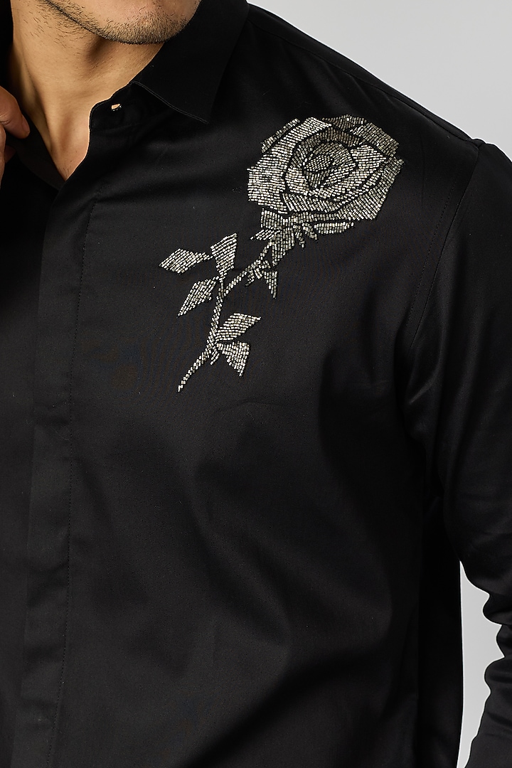 Black Cotton Floral Cutdana Embroidered Party Wear Shirt by SANJANA REDDY MEN at Pernia's Pop Up Shop