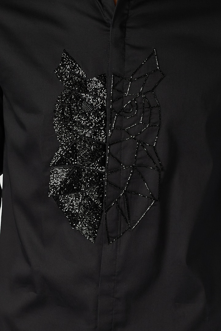 Black Cotton Cutdana Owl Motif Embroidered Party Wear Shirt by SANJANA REDDY MEN at Pernia's Pop Up Shop