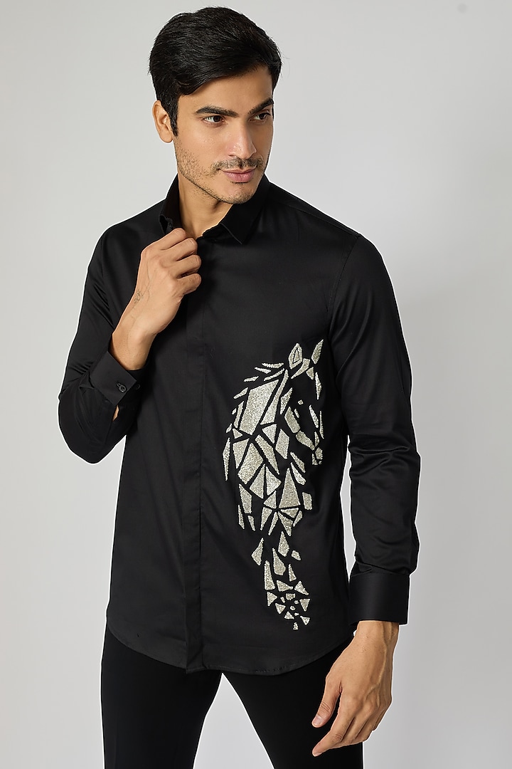 Black Cotton Cutdana Horse Motif Embroidered Shirt by SANJANA REDDY MEN